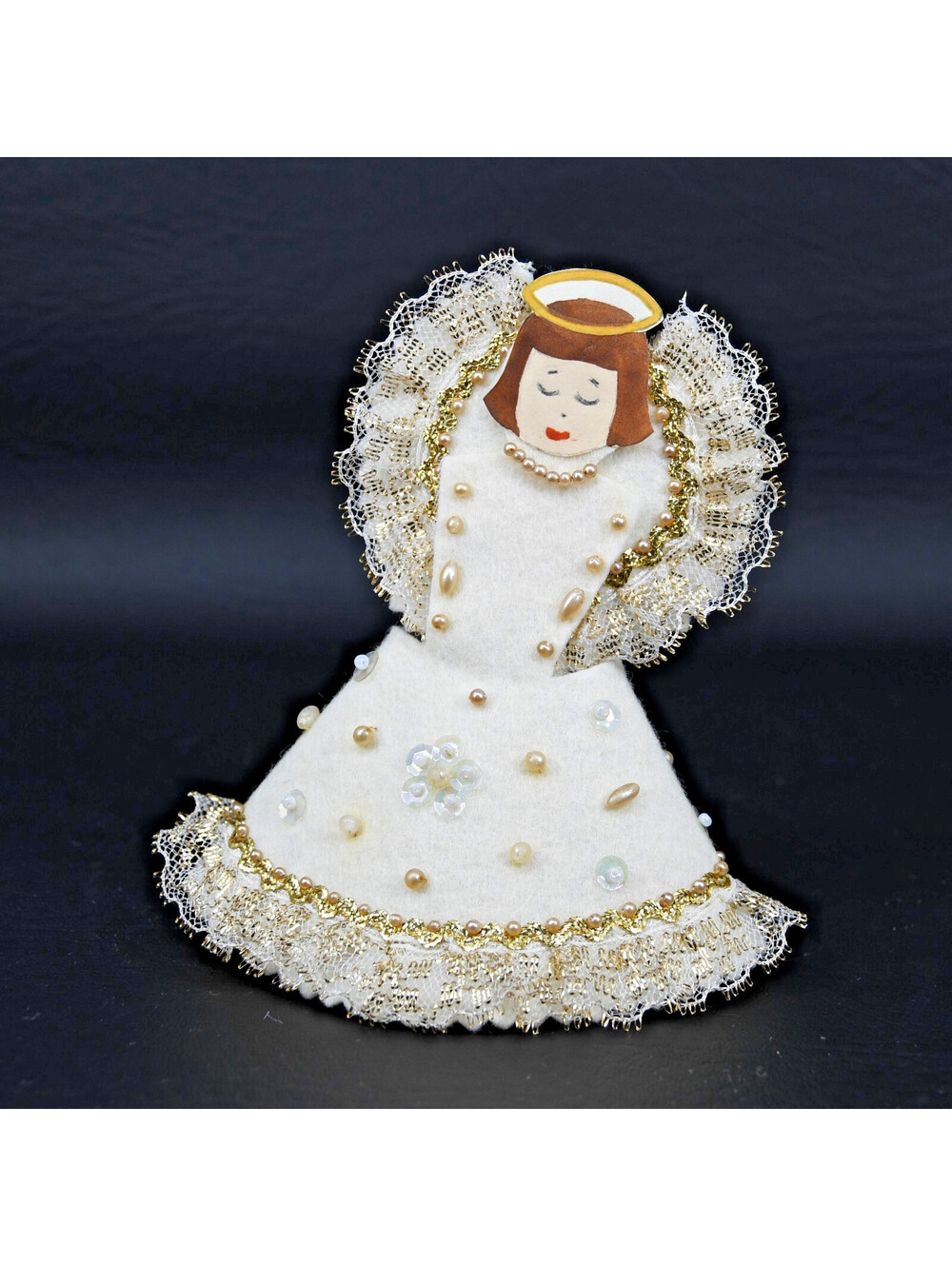 Vintage Felt Christmas Ornament Angel Handmade Beaded Lace Paper Face 1950s 5"